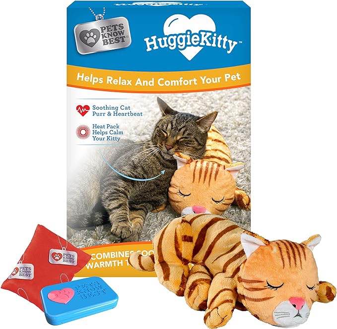 Pets Know Best HuggieKitty Cuddly Cat Toy, Soothing Sound & Warmth Help Relax & Comfort Your Pet- Purr & Heartbeat, Heating Pack- Orange