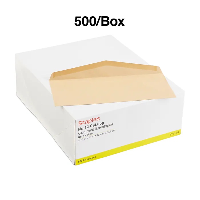 Staples Gummed #12 Business Envelopes, 4 3/4" x 11", Kraft, 500/Box 