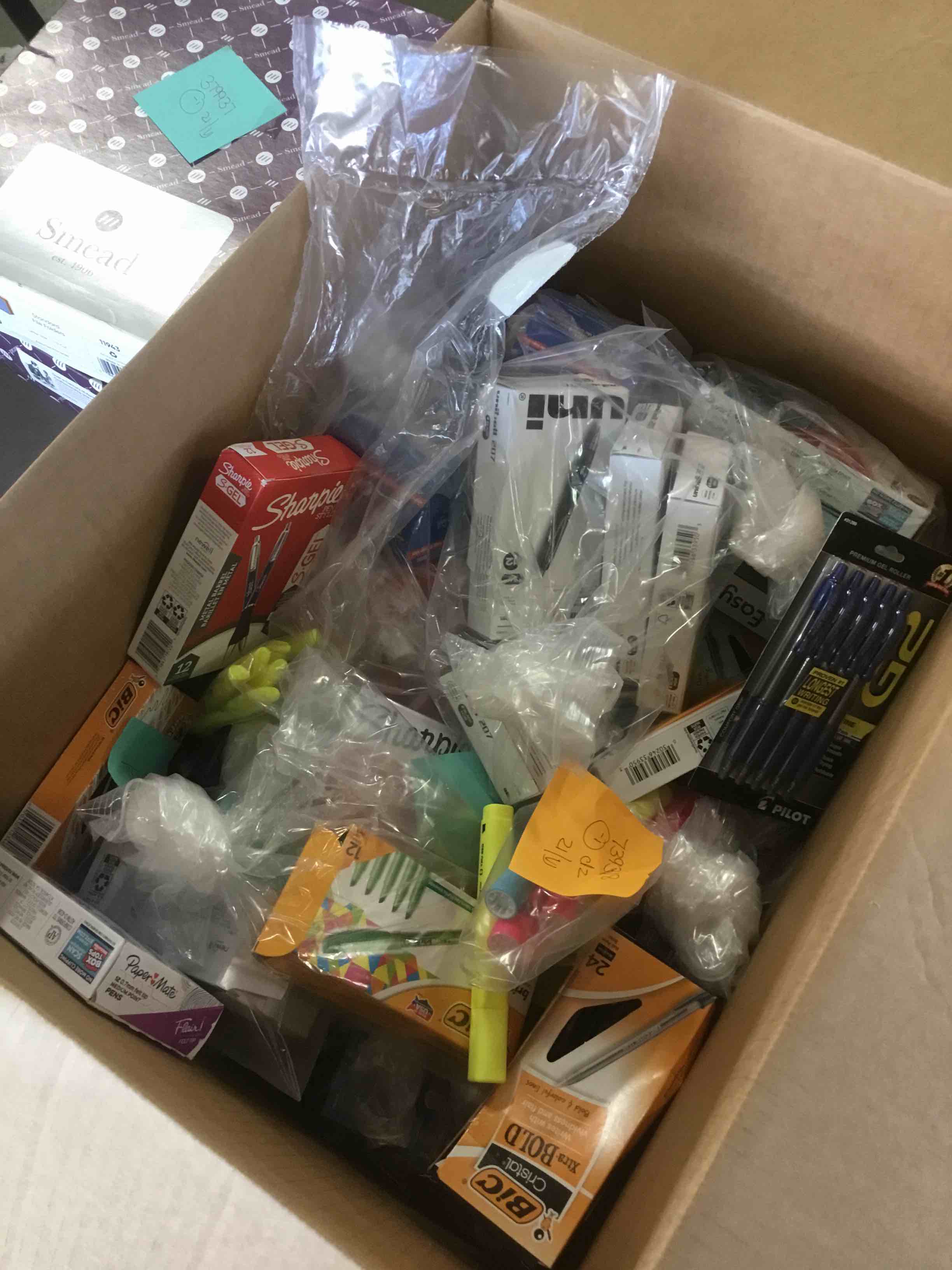Large Box of Assorted Writing Utensils Including Pens, Markers and Highlighters