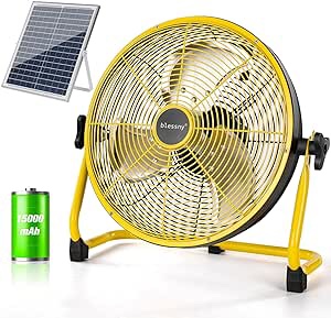 blessny 14 Inch Rechargeable Floor Fan Solar Powered, 15000mAh battery Portable Cordless Floor Fan with 12 Speeds Metal Blades for Outdoor, Camping, BBQ, Fishing