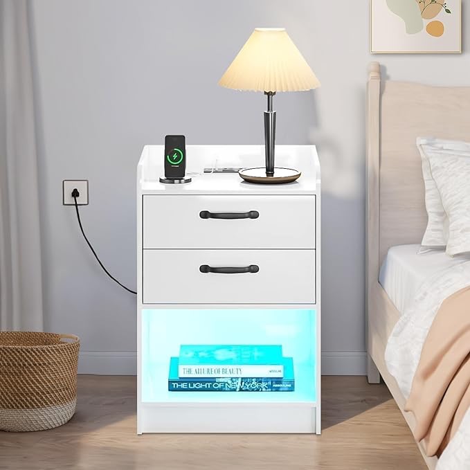 2 Drawer White Nightstand for Bedroom, Mid Century Modern End Table with Charging Station Farmhouse Storage Night Stand Side Table with USB Ports and Outlets for Living Room