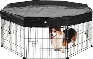 X-ZONE PET Foldable Metal Pet Playpen with Top Cover, Portable Heavy Duty Wire Exercise Pen for Dogs/ Cats/ Chicks/ Rabbits, Indoor/ Outdoor 8 Panel Pet Fence-24 Inch
