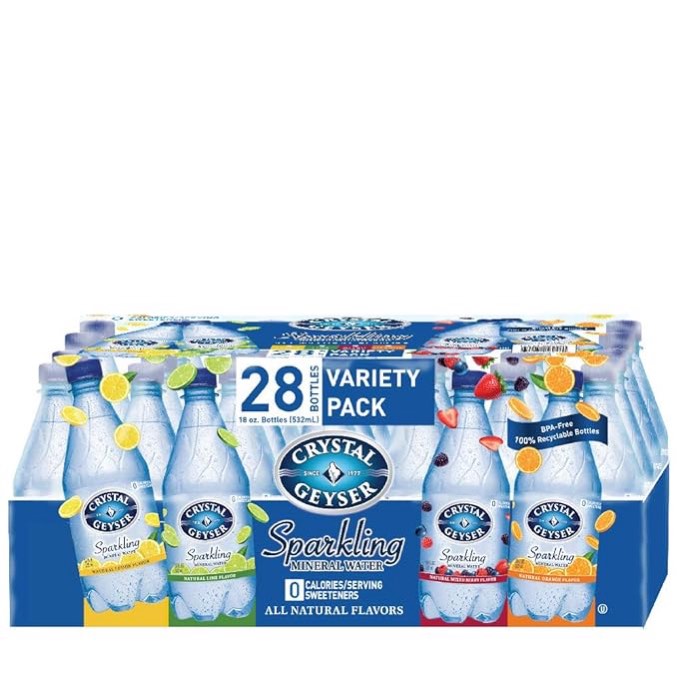 ( BBD: 08/01/24) Crystal Geyser Variety Pack, 4 Flavors, Sparkling Spring Water PET Plastic Bottles, No Artificial Ingredients or Sweeteners, 18 Fl Oz (Pack of 28)
