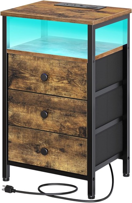 YATINEY Nightstands, Night Stand with Wireless Charging Station, Side Table with LED Lights, End Table with 3 Non-Woven Drawers, Bedside Tables for Living Room, Bedroom, Rustic Brown 