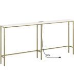 SONGXIN 70.9 Inch Console Table with Power Outlet,Modern Narrow Long Sofa Table Behind Couch,Skinny Entry Table with Gold Metal Frame for Entryway,Living Room, Hallway,Marble White