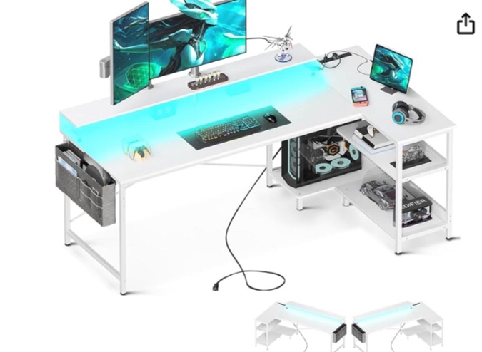 ODK L Shaped 48 Inch Computer Desk with USB Charging Port & Power Outlet, L-Shaped Corner Desk with Storage Shelves & Monitor Shelf for Home Office Workstation, Modern Writing Table, White