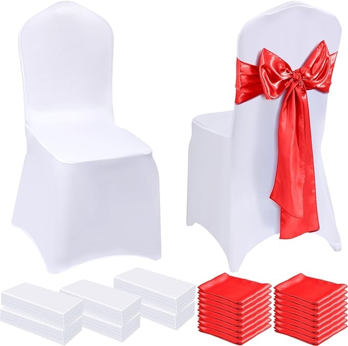Mepase 100 Pcs Wedding Chair Covers Stretch Spandex Chair Covers with Decorative Elastic Chair Sash Silk Chair Bows for Wedding Banquet Dining Kitchen Party Decoration (Red, White)