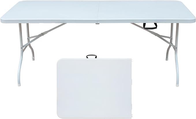 Icoud 4ft Plastic Folding Table Portable Heavy Duty White Dining Table Fold-in-Half for Camp Party Kitchen Indoor Outdoor