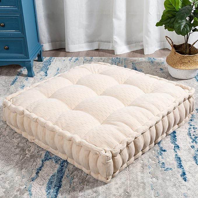 HIGOGOGO Floor Cushion Pouf, Square Floor Pillow Seating Chenille Meditation Cushion, Thick Tufted Pillows for Living Room Yoga Bedroom Sofa, Beige, 20"x20"x5.5"