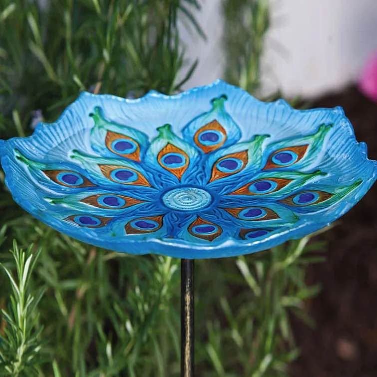 Ridgee Peacock Feathers Glass Staked Garden Birdbath
