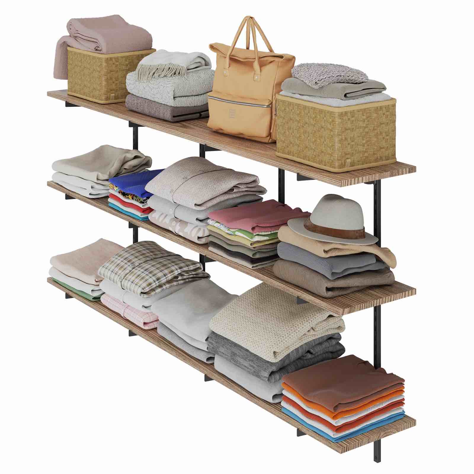 TURIN 60"X10" FLOATING SHELVES FOR WALL STORAGE, WALL BOOKSHELF, RUSTIC WALL SHELVES WITH ADJUSTABLE STANDARD RAIL BRACKET SYSTEM, BOOK SHELF FOR WALL - SET OF 3 - BURNT