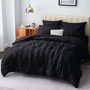 CozyLux Queen Comforter Set - 7 Pieces Comforters Queen Size Black, Pintuck Bed in A Bag Pinch Pleat Complete Bedding Sets with Comforter, Flat Sheet, Fitted Sheet and Pillowcases & Shams Black Queen