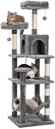 PEQULTI 60.6 Inches Multi-Level Cat Tree Cat Tower for Indoor Cats with Sisal-Covered Scratching Post, Cozy Cat Condo, Cat Hammock and Padded Top Perch for Indoor Cats, Grey Two Top Perch