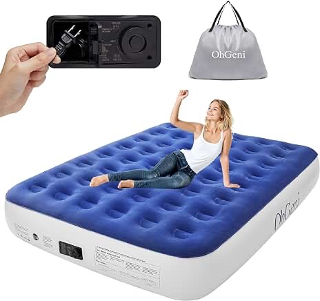 OhGeni Air Mattress Queen with Built in Pump, 13 Inch Elevated Quick Inflation/Deflation Inflatable Bed,Durable Blow Up Mattresses for Camping,Travel,Home,Guests,Indoor,Blue Portable Rest Airbed
