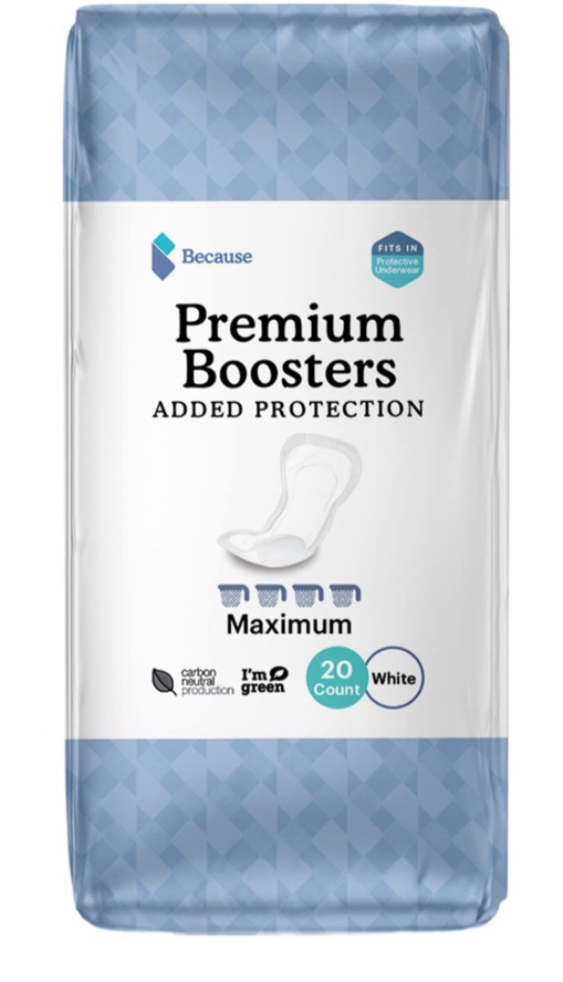 Because Premium Incontinence Boosters - Add Extra Absorbency to Adult Diapers - Super Absorbent, Soft, Contoured Fit - Unisex - 20 Boosters