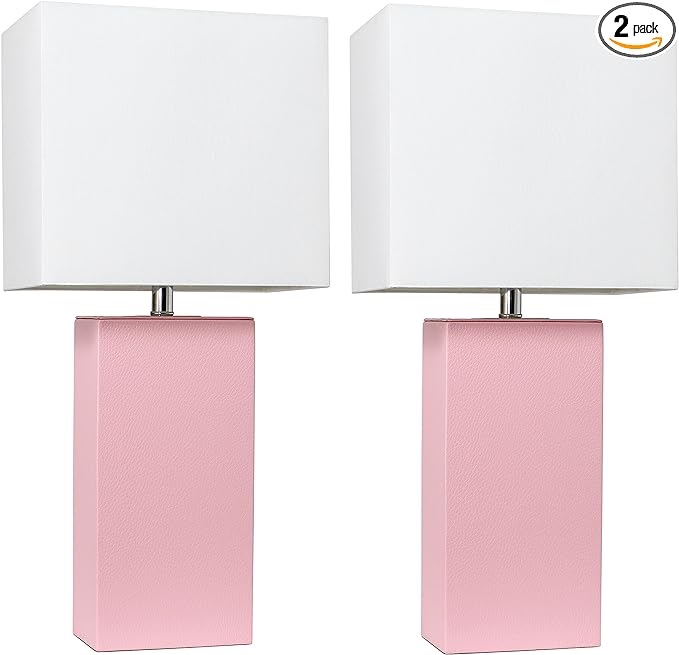 Elegant Designs LC2000-PNK-2PK 2 Pack Modern Leather Table Lamps with White Fabric Shades, Pink