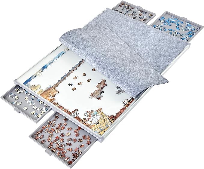 1500 Piece Non-Wood Jigsaw Puzzle Board with Drawers and Felt Fabric Cover Mat, Portable Puzzle Table for Adults, Puzzle Tray, Large Size: 35×26 Inch Work Surface, Lightweight Design, Gray