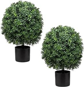 Set of 2 -Pre-Potted Artificial Potted Shrubs UV Resistant,24" Artificial Boxwood Topiary Ball Tree,for Indoor and Outdoor Home Garden(Green)