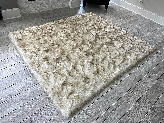 LAMBZY Super Soft Fluffy Faux Fur Sheepskin Rug for Bedroom Floor Sofa Living Room High-Density Plush Shaggy Carpet Sofa Cover Bedside Square Rug (8*10', White/Brown)