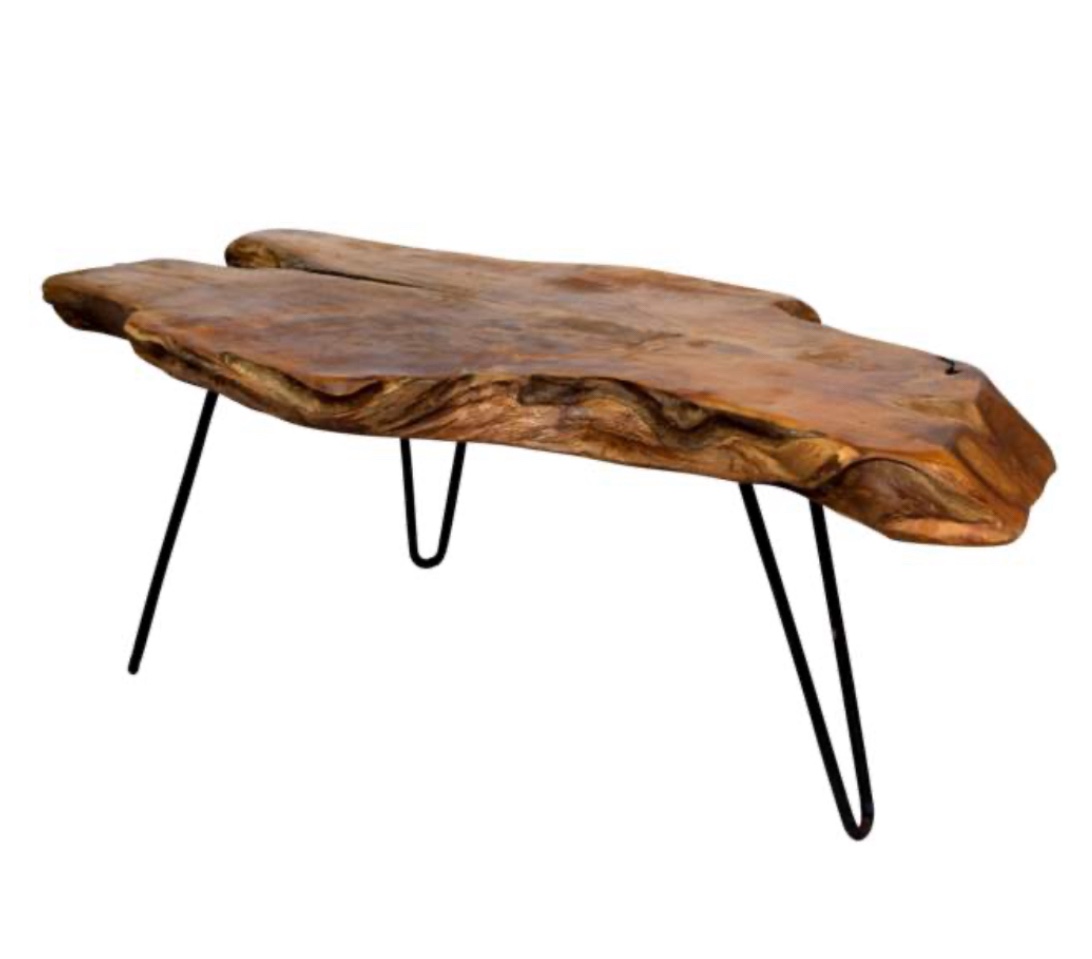 Badang Carving Coffee Table - Natural Lacquer Finish live edge cedar wood coffee table metal hairpin legs