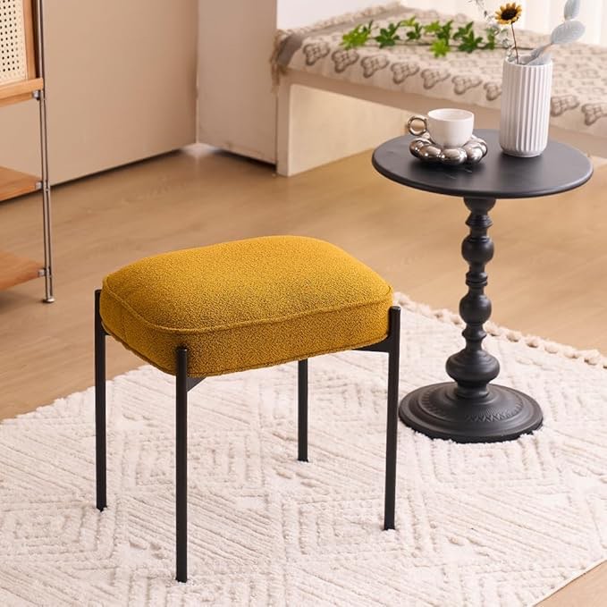 YOUNIKE Fabric Vanity Stool for Makeup Room Rectangle Foot Stool Ottoman with Metal Legs Upholstered Boucle Footrest Lamb Fleece Vanity Bench for Dressing Table Bedroom Living Room, Dark Grey