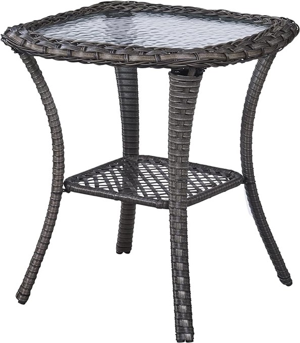 Patio Tables Wicker Side Table - Rattan Coffee Table with Glass Top End Table for Outdoor Outside Patio Porch Square Brown