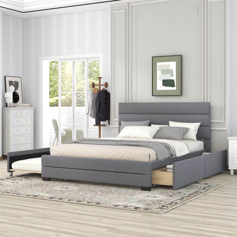 (similar)(2 of 2)Queen Upholstered Platform Bed w/ Twin Trundle & 2 Drawers, Grey 
