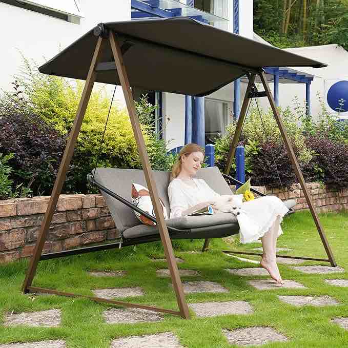 (similar)Grand patio Outdoor Herning 3-Seat Porch Swing with Stand, Heavy-Duty Frame with Wood Grain Finish, Comfy Removable Cushion for Lawn Backyard Garden Poolside – Grey