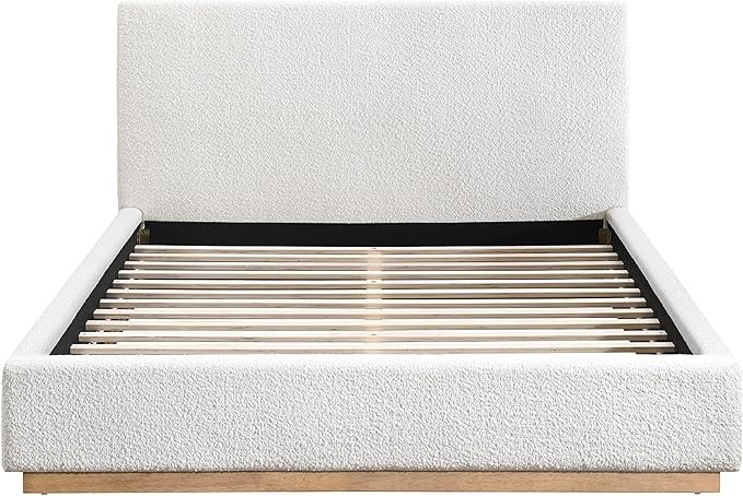 ( incomplete Box 1 of 2 ) DG Casa Porter Queen Size Boucle Plinth Base Platform Bed Frame with Full Bed Slats - Box Spring Not Required – Upholstered in Soft Fabric - Pedestal Base Natural Finish