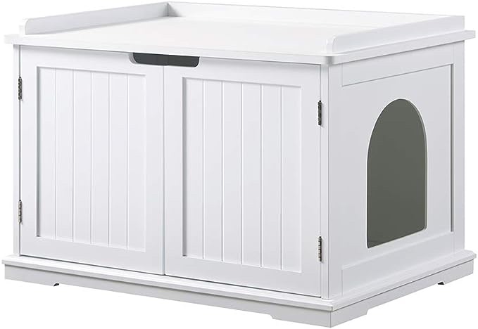 Litter Box Enclosure, Cat Litter Box Furniture with Removable Divider, Large Hidden Litter Box Furniture, Wooden Cat House, End Side Table, 31.5" L x 20.2" W x 21.3" H, White WT03MW01G1