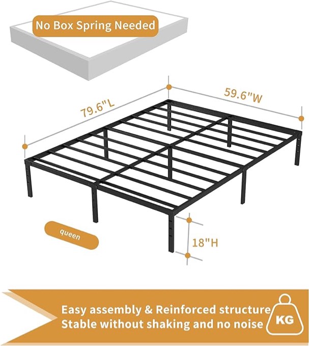 Platform Bed frame AB1012f AB1012Q AB1012K 18 Inch Queen Bed Frame - Sturdy Platform Bed Frame Metal Bed Frame No Box Spring Needed Heavy Duty Queen Size Bed Frame Easy Assembly Strong Bearing Capacity, Noise Free