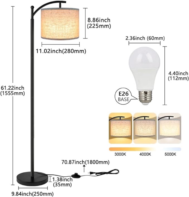 Floor Lamp for Living Room with 3 Color Temperatures LED Bulb, Standing Lamp Tall Industrial Floor Lamp Reading for Bedroom, Office (9W LED Bulb, Beige Lampshade Included) -Black