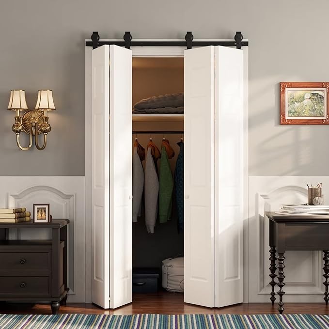 ((similar))60 in Double Bifold Sliding Barn Door Hardware Kit for Closet Doors, Smoothly and Quietly,Top Mount (Track Length 65'',No Door)
