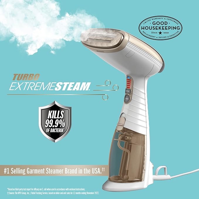 Conair Handheld Garment Steamer for Clothes, Turbo ExtremeSteam 1875W, Portable Handheld Design, Strong Penetrating Steam, White / Champagne