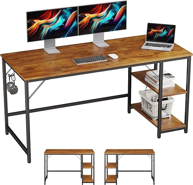 JOISCOPE Home Office Computer Desk with Wooden Storage Shelf,Office Desk and Gaming Table with Splice Board,2-Tier Industrial Morden Laptop Study Writing Desk,60 x 24 inches(Vintage Oak)