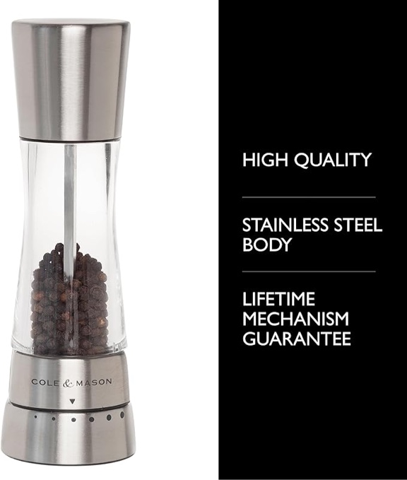 COLE & MASON Derwent Pepper Grinder - Stainless Steel Mill Includes Gourmet Precision Mechanism and Premium Peppercorns