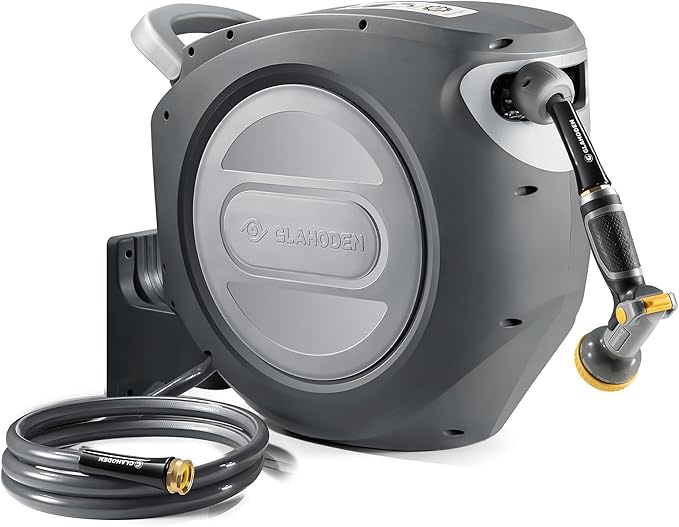 Retractable Garden Hose Reel 5/8 in x 100 ft Upgraded UV Resistant Heavy Duty Automatic Hose Reel Wall Mount 3/4 in Brass Fitting 9 Pattern Nozzle Any Length Lock Slow Retraction 180° Swivel