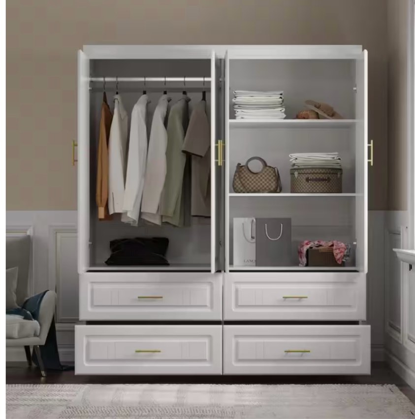  White Wood 63 in. W 4-Door Big Wardrobe Armoires with Hanging Rod, Drawers, Storage Shelves 74.2 in. H x 20.6 in. D