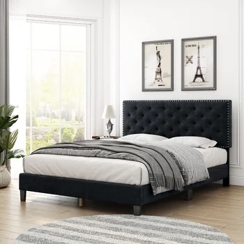 Emanuell Velvet Tufted Upholstered Bed Frame with Adjustable Headboard