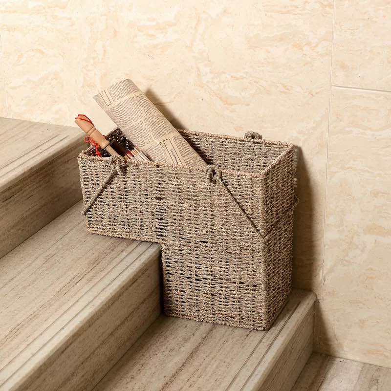 14-Inch Wicker Staircase Basket with Handles - Handmade L-Shaped Woven Seagrass Organizer