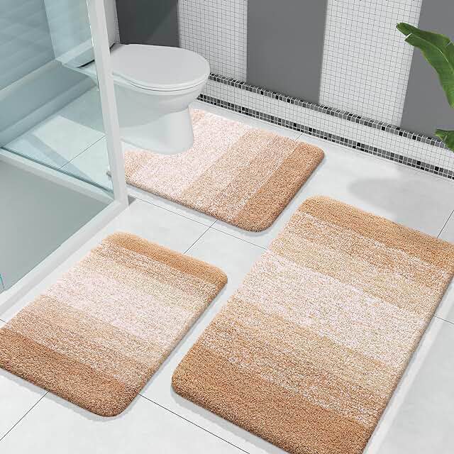 OLANLY Bathroom Rugs Sets 3 Piece, Soft Absorbent Microfiber Bath Rugs and U-Shaped Contour Toilet Rug Area Rug Set, Non-Slip Bath Carpet, Home Decor Accessories, Bath Mat Set for Bathroom, Beige