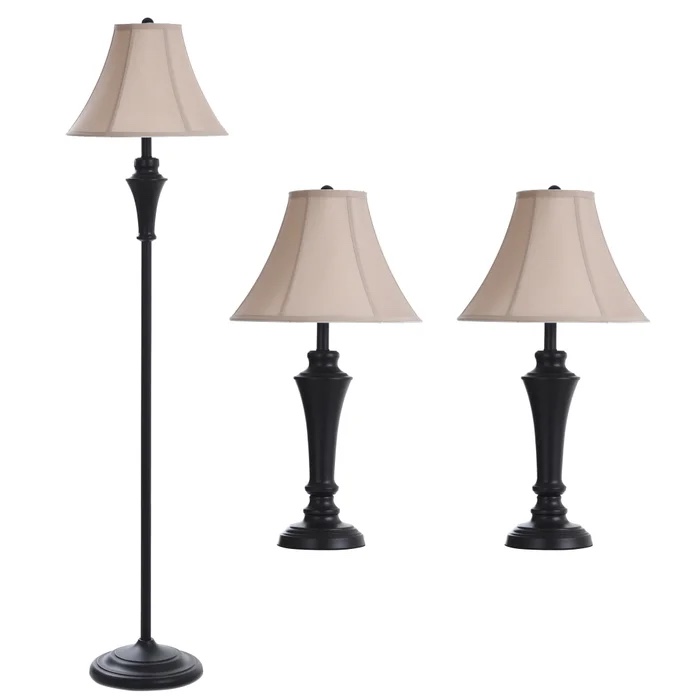 QB-Set of two aged bronze steel table lamps one aged bronze steel floor lamp Fabric Shades