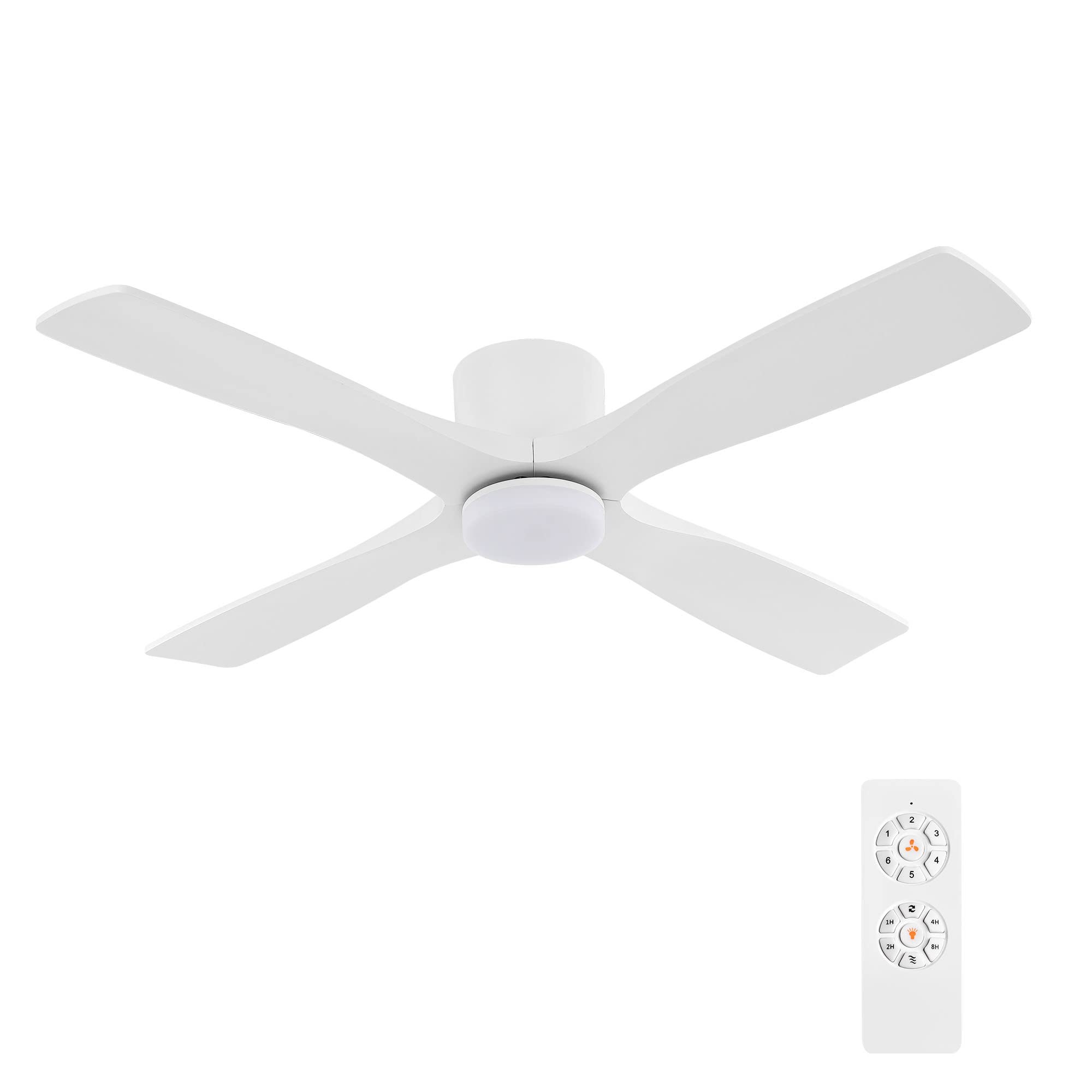 WINGBO 54 Inch Flush Mount DC Ceiling Fan with Lights and Remote, 4 Reversible Carved Wood Blades, 6-Speed Noiseless DC Motor, Huger Ceiling Fan in Gloss White with White Blades, ETL Listed