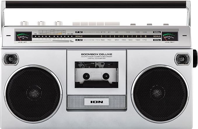 ION Audio Boombox Deluxe Stereo with Bluetooth AM/FM Radio Cassette Dual Speakers Full-Range Bass & Mic 