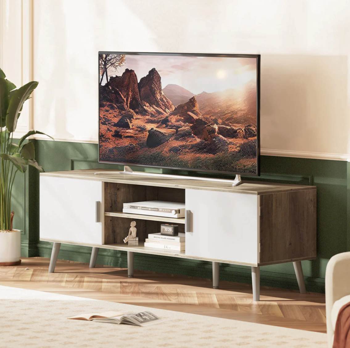 SUPERJARE TV Stand for 55 Inch TV, Entertainment Center with Adjustable Shelf, 2 Cabinets, TV Console Table, Media Console, Solid Wood Feet, Cord Holes, for Living Room, Bedroom, Gray and White