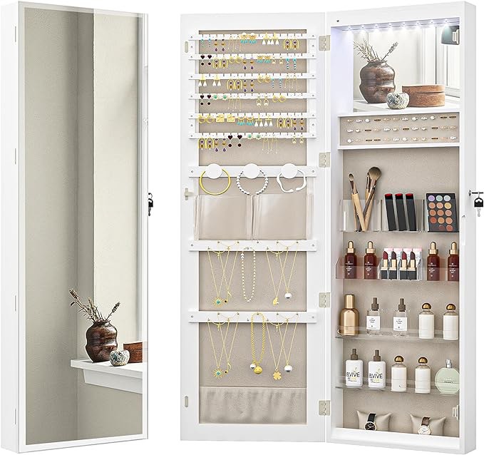 Hzuaneri Jewelry Cabinet Armoire,  Tall Frameless Mirror Jewelry Organizer, Lockable Wall/Door Mounted Makeup Jewelry Storage with Mirror, White 