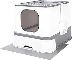 RIZZARI Large Foldable Cat Litter Box,Top Entry Cat Litter Box with Lid,Anti-Splshing Cat Kitty Litter Pan Easy Cleaning and Scoop (Upgrade,White)