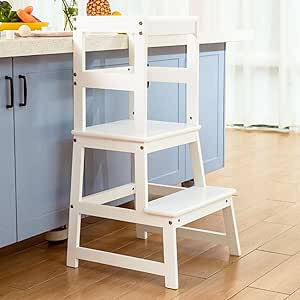 Popin Lover Kitchen Step Stool for Kids and Toddlers with Safety Rail, White Kids Step Stool Standing Tower Stool for Bathroom& Kitchen