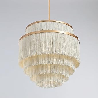 vivihobb 5-Tiered Boho Chandelier with Metal and Fringe,3 Lights Fringe Pendant Light Fixture,Tassle Chandelier for entryway,Dining Room,Baby Nursery,Gold and Light Beige