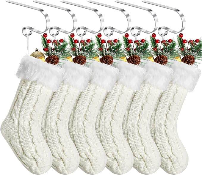 6 Pack Christmas Stockings with Christmas Stocking Holders 18" Large Cable Knitted Stockings with Plush Faux Fur Cuff Xmas Fireplace Hanging Gifts Decorations for Family Holiday Xmas Party (White)